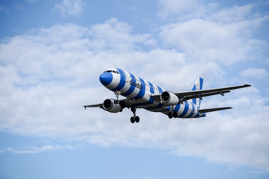 Airplane with blue and white stripes flying against a cloudy sky in Hamburg, Germany.