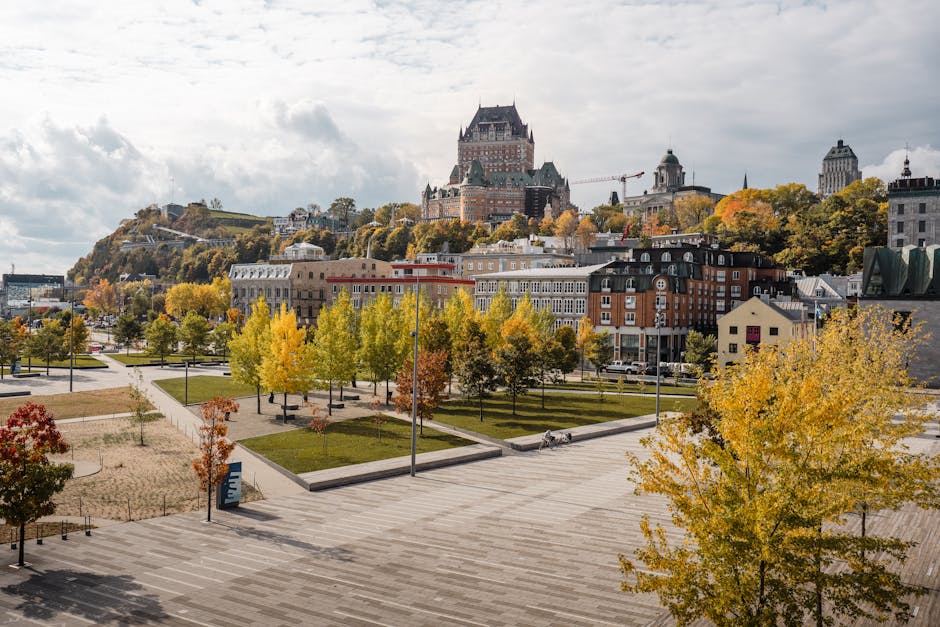A scenic autumn view of Château Frontenac and surrounding landscape in Old Québec, Canada.